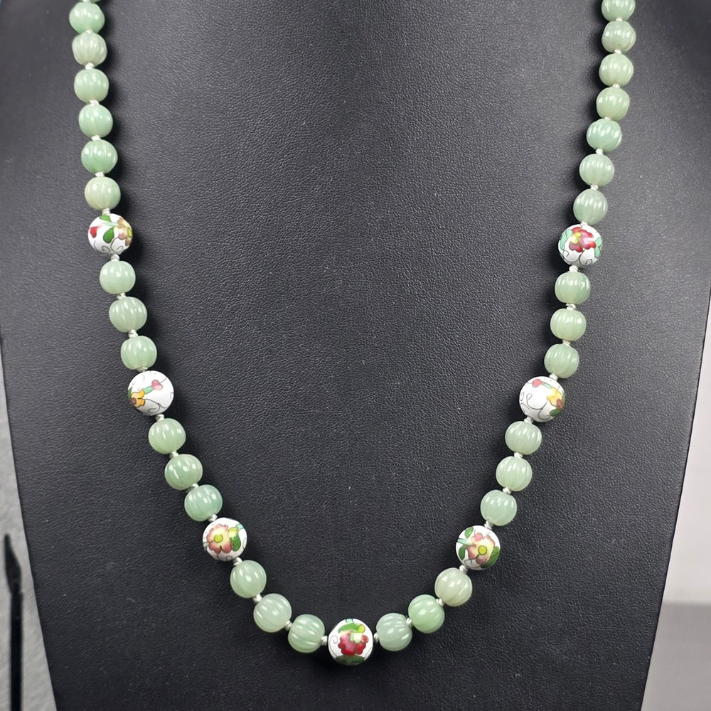 Vintage Aventurine? Melon Bead & Floral Cloisonne Necklace 26" Chinese Export